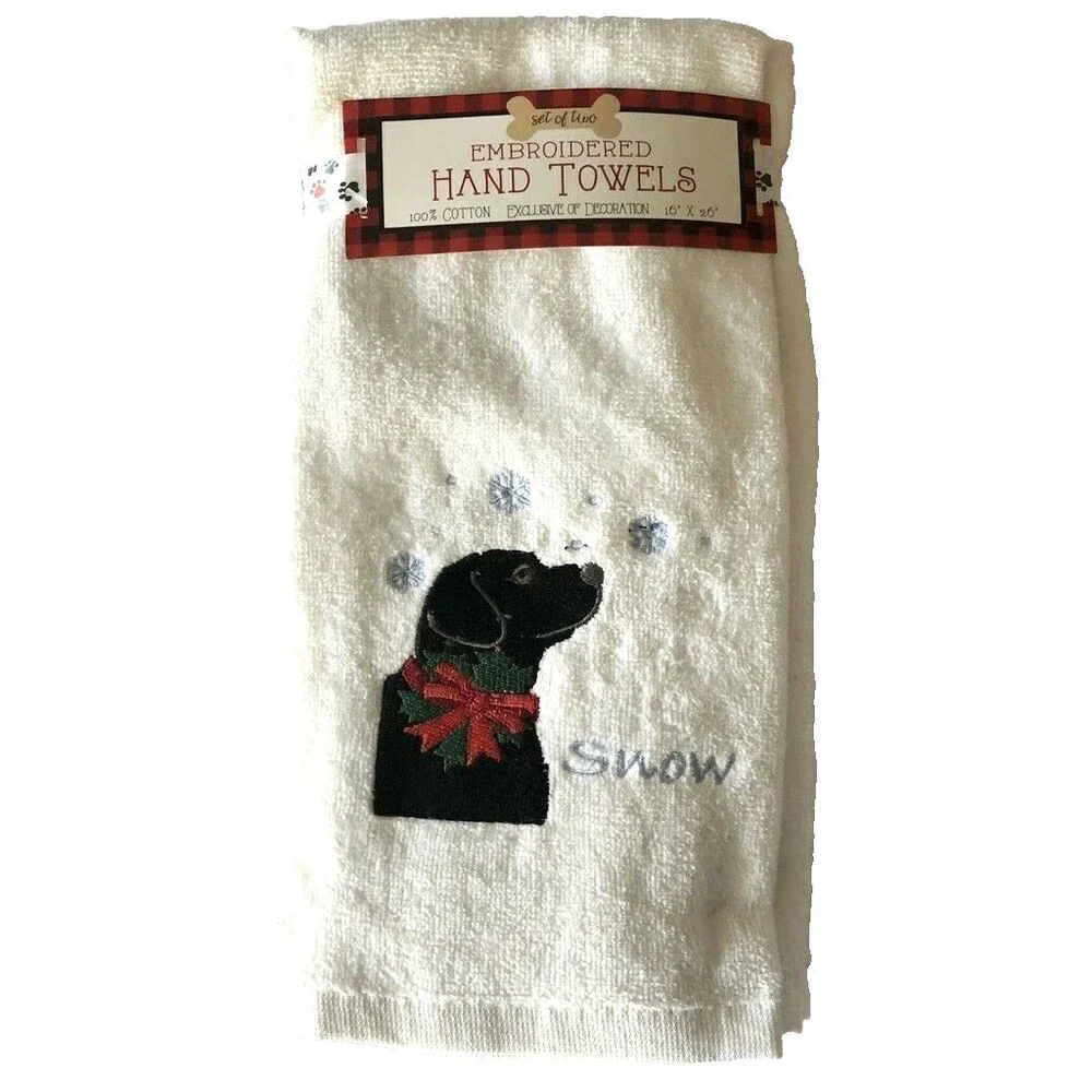 Christmas Hand Towels Black Lab Embroidered Dog Let It Snow Holiday Set of 2